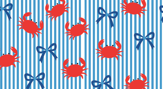 Fun seaside seamless pattern of red crabs and blue bows on nautical striped background for summer, baby, children's fashion and home decor
