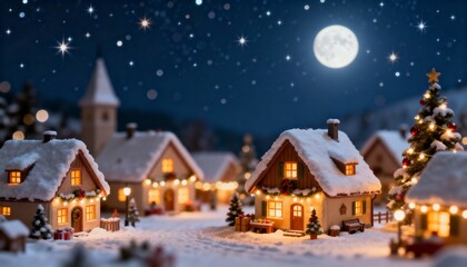 A photograph of a magical snow-covered Christmas village at night. Cozy houses with warm, glowing windows and festive decorations under a starry sky create a fairytale-like miniature scene.