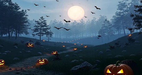 Spooky Halloween Night with Glowing Jack-o'-Lanterns and Bats Flying Under Full Moon