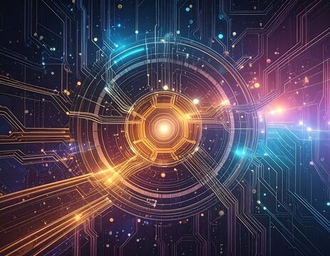 Futuristic digital circuit network with vibrant colors and lines