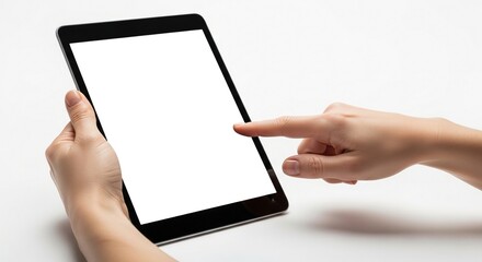 Hands Interacting with a Tablet with a Blank Screen, Ready for Your Content