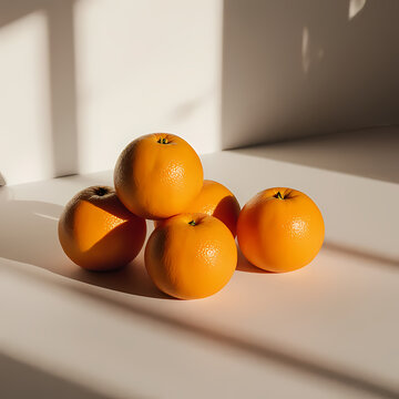 Fresh sunkist oranges arranged in a calm, uncluttered setting with soft lighting