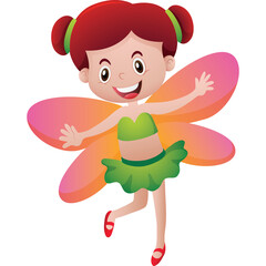 Smiling cartoon fairy girl with red hair in buns green outfit and pink orange wings with transparent background