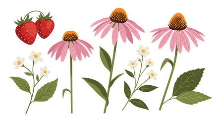 Delicate spring blossoms and ripe strawberries create a fresh, charming floral design that evokes feelings of joy and natural beauty in vibrant colors