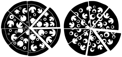 Pizza slices isolated on, displaying mushroom and olive toppings with missing pieces from the whole pie
