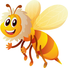 Smiling cartoon bee with yellow and orange stripes and transparent wings illustration