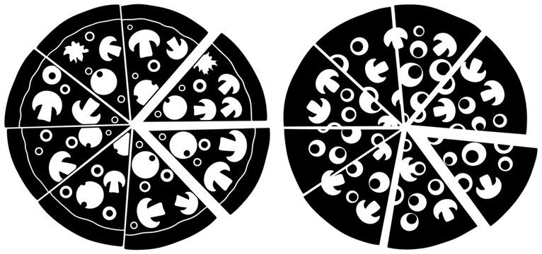 Pizza slices isolated on, displaying mushroom and olive toppings with missing pieces from the whole pie