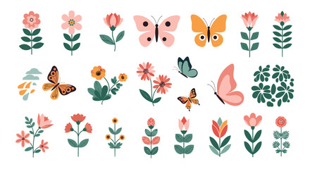 Delightful floral and butterfly collection for spring designs, perfect for invitations and cheerful, nature-inspired projects, adding a touch of whimsy