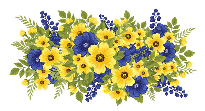 Gorgeous floral arrangement featuring vibrant yellow and blue blossoms with lush green leaves, perfect for invitations and springtime designs