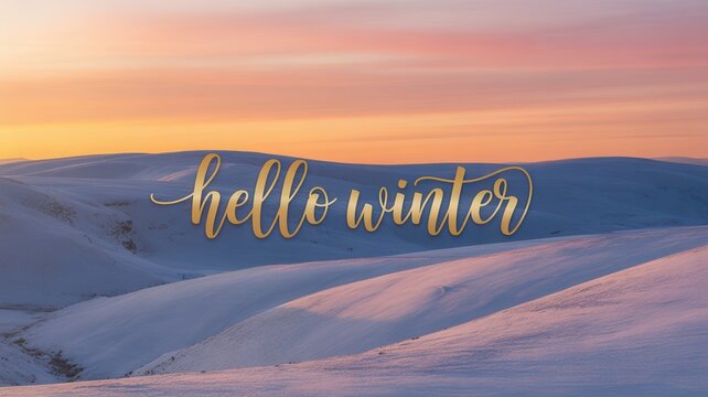 Hello winter text over snowy landscape at sunset with beautiful pastel colors