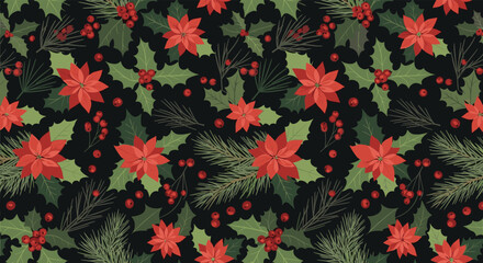 Festive holiday cheer with this classic poinsettia and holly background, perfect for adding a touch of seasonal magic to your designs and projects