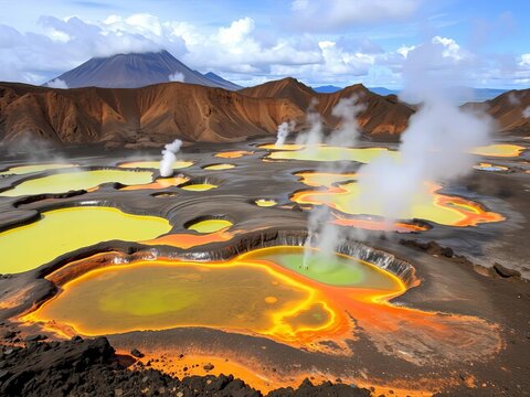 Bubbling mud pots and fumaroles on volcanic slopes, earth breathing sulfurous fumes, mud pots,  earth