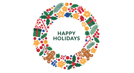 Spread holiday cheer with this festive wreath design featuring gingerbread men, gifts, and candy canes for your seasonal greetings and invitations