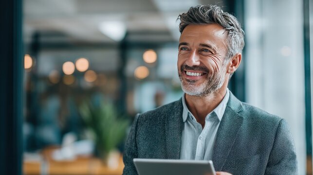 Business Leader at Work: A seasoned businessman, impeccably dressed in a tailored suit, stands confidently, a digital tablet in hand, his gaze thoughtful and forward-looking in a modern office. 