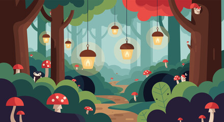 Enchanted forest scene with glowing lanterns and whimsical mushrooms, perfect for children's books or magical designs with cute animal characters