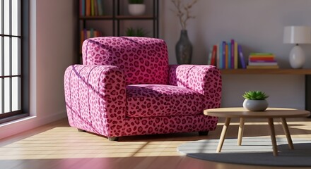 Sunlit pink leopard print armchair in modern living room.