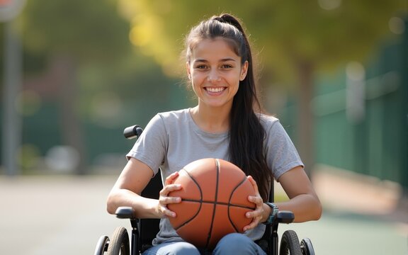 Portrait of a smiling young woman in a wheelchair with a basketball outdoor. High quality