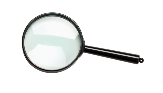 Isolated magnifying glass tool for search and inspection concept on transparent background