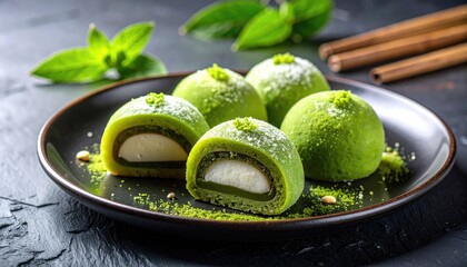 A close-up shot of delicious matcha mochi. A plate with several matcha mochi, with one mochi cut in half