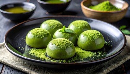 A close-up shot of six matcha mochi desserts on a black plate, with tea bowls in the background, offering a serene and refreshing moment