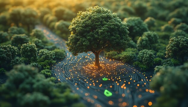 Single tree with glowing digital circuit pathways in lush green forest nature technology