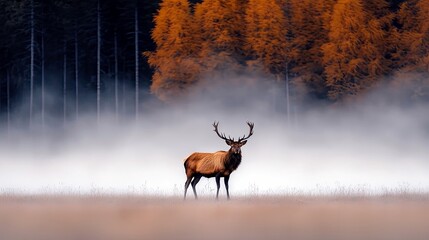 A bull elk with impressive antlers stands in a misty field, with a backdrop of colorful autumn trees and a dark forest.