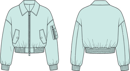 Mint green bomber jacket technical flat sketch, front and back view, zip-up flight coat with collar, sleeve pocket, elastic hem, apparel design template, cad drawing flat vector.