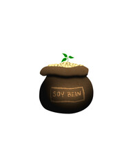 Gunny sack of soybean with green leaf of plant on the top isolated for drawing element