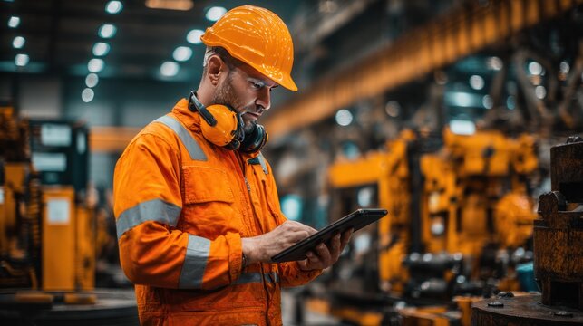 The Diligent Engineer at Work: An engineer is meticulously reviewing data on a tablet device amidst the complex machinery of a modern factory, showcasing the fusion of technology and industry.