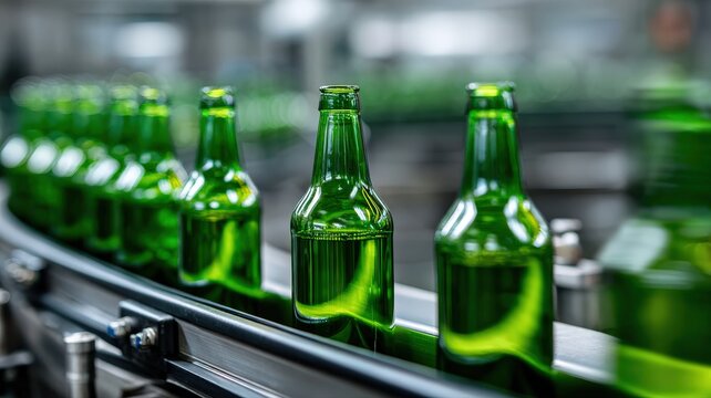 A slightly blurred motion shot of green bottles on a conveyor belt, emphasizing the speed and continuous flow of the manufacturing process