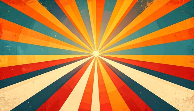 A vintage-style burst of radiating rays in orange, yellow, blue, and red hues, with subtle texture adding depth and retro charm
