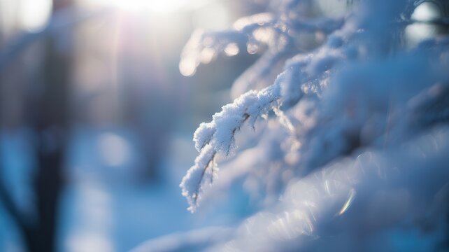Snow covered tree branch glistens in the sunlight on a winter day