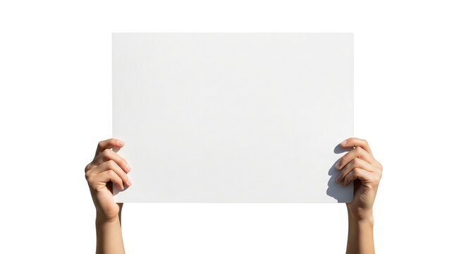 A pair of hands holding a blank white rectangular poster board, isolated on a pure white background, ideal for messages and advertisements