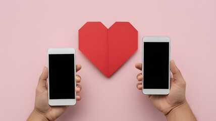 Two hands holding smartphones with red paper heart on pink background, symbolizing online love, digital romance, social connection, and dating app concept