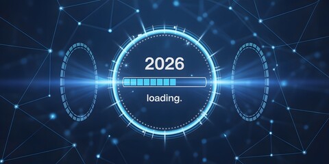 Futuristic digital interface showing 2026 loading progress bar, representing innovation, technology advancement, and new year artificial intelligence concept