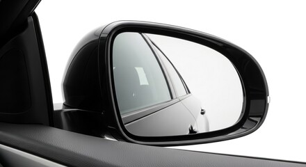 Close-up of a black car's side mirror reflecting a vehicle with a clear sky and clouds on a sunny day