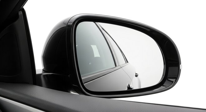 Close-up of a black car's side mirror reflecting a vehicle with a clear sky and clouds on a sunny day