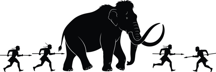 Prehistoric cavemen hunting mammoth silhouette vector illustration, ancient humans with spears, ice age wildlife, primitive hunters and large animal concept design