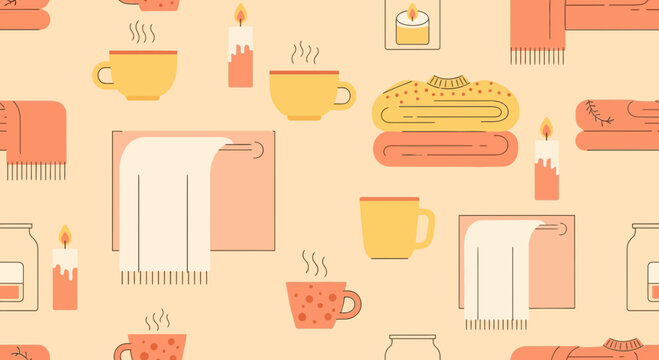 Cozy seamless pattern featuring warm drinks candles and soft blankets for winter vibes