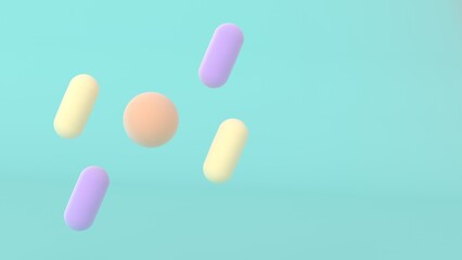 Soft pastel scene with floating rounded capsules and central sphere on teal background