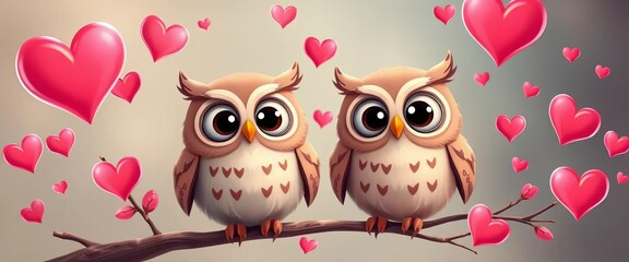 Obraz premium Two adorable cartoon owls with large eyes, perched on a branch, surrounded by floating pink and red hearts, symbolizing love and romance, hearts, symbol