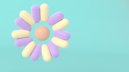 Soft pastel ring composition with alternating capsule shapes surrounding a central sphere