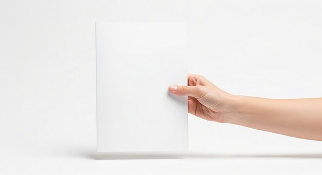 Hand holding a blank white brochure on a white background, ready for design and customization