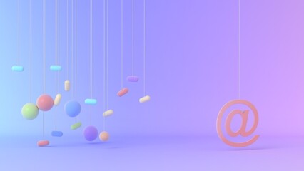 Soft pastel hanging arrangement with multiple suspended spheres capsules and large at symbol