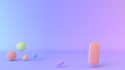 Soft pastel scene with scattered spheres and a single upright capsule on gradient background