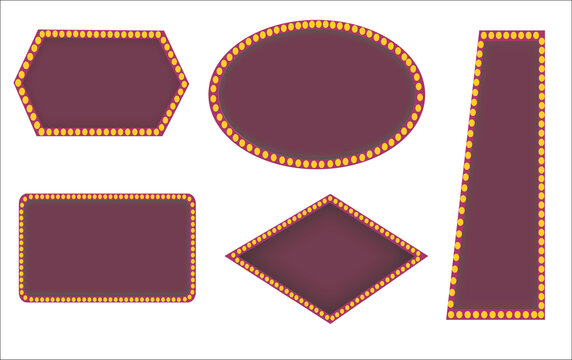 Set of retro light bulb marquee frames and signs in various shapes; vintage circus or theater advertisement headers with glowing yellow lights, ideal for sale promotion banners, grand opening announce