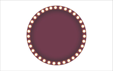 Retro circular light bulb marquee frame with glowing white lights; vintage theater or circus style round sign for spotlighting badges, logos, special offers, promotional text, design templates, entert