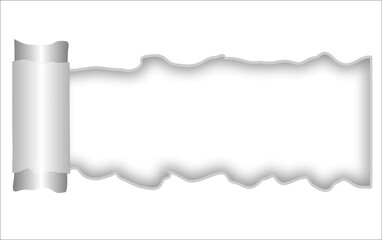 Realistic vector paper curl and peeling corner effect revealing blank copy space; horizontal scroll and rolled-up paper transition for advertising, revealing text, special offers, graphic design, abst