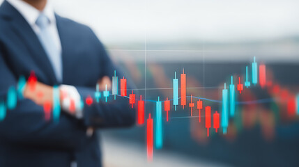 A professional businessman with arms crossed, focusing on digital financial graphs representing trading and market trends.