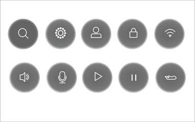 Modern soft round UI icons set with minimalist outline effect; clean vector symbols for control panel settings, media player, search, Wi-Fi, and user profile, perfect for contemporary mobile applicati